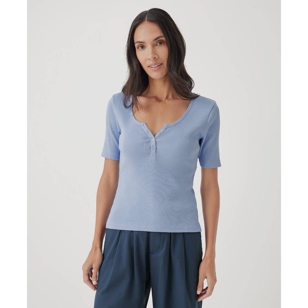 Pact NWT Favorite Rib Henley Top Womens Large Blue Organic Cotton Short Sleeve